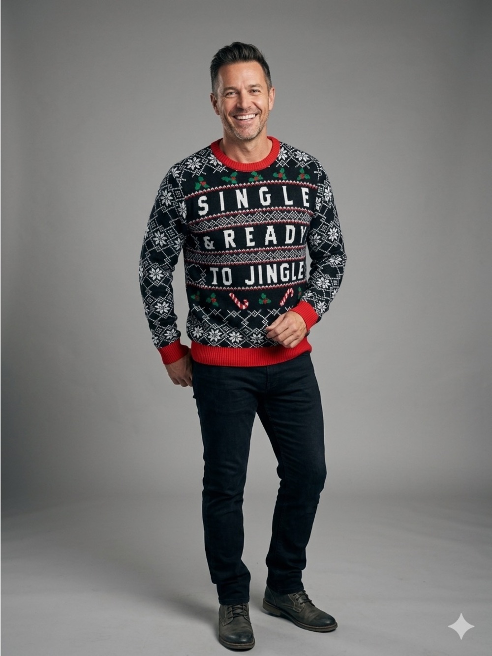 Ugly Christmas Sweater fun! Black & Red 'Single & Ready to Jingle' Medium